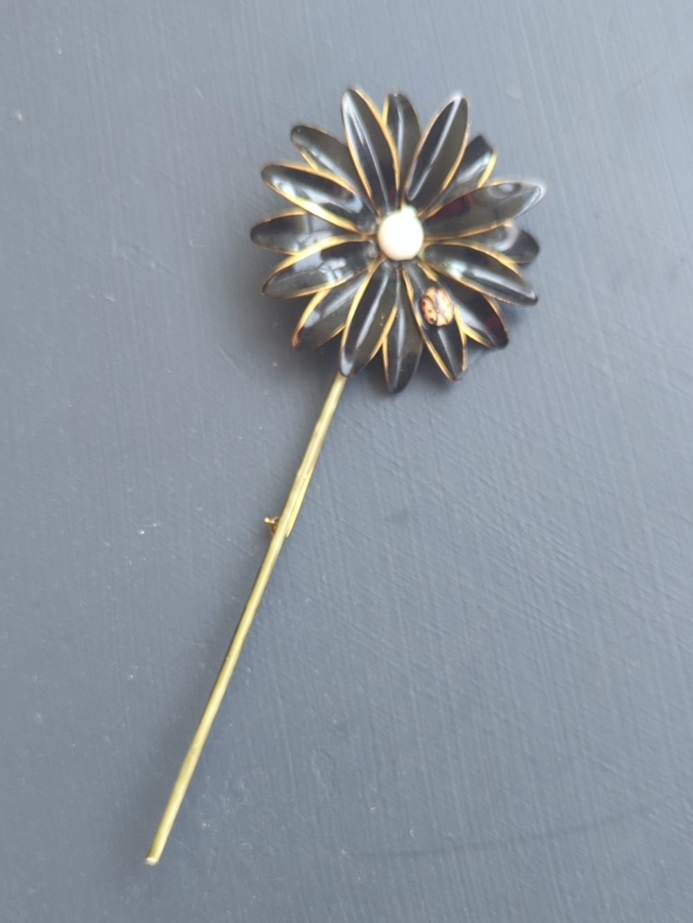 Large Vintage Black Enamel Floral Stick Pin Brooch